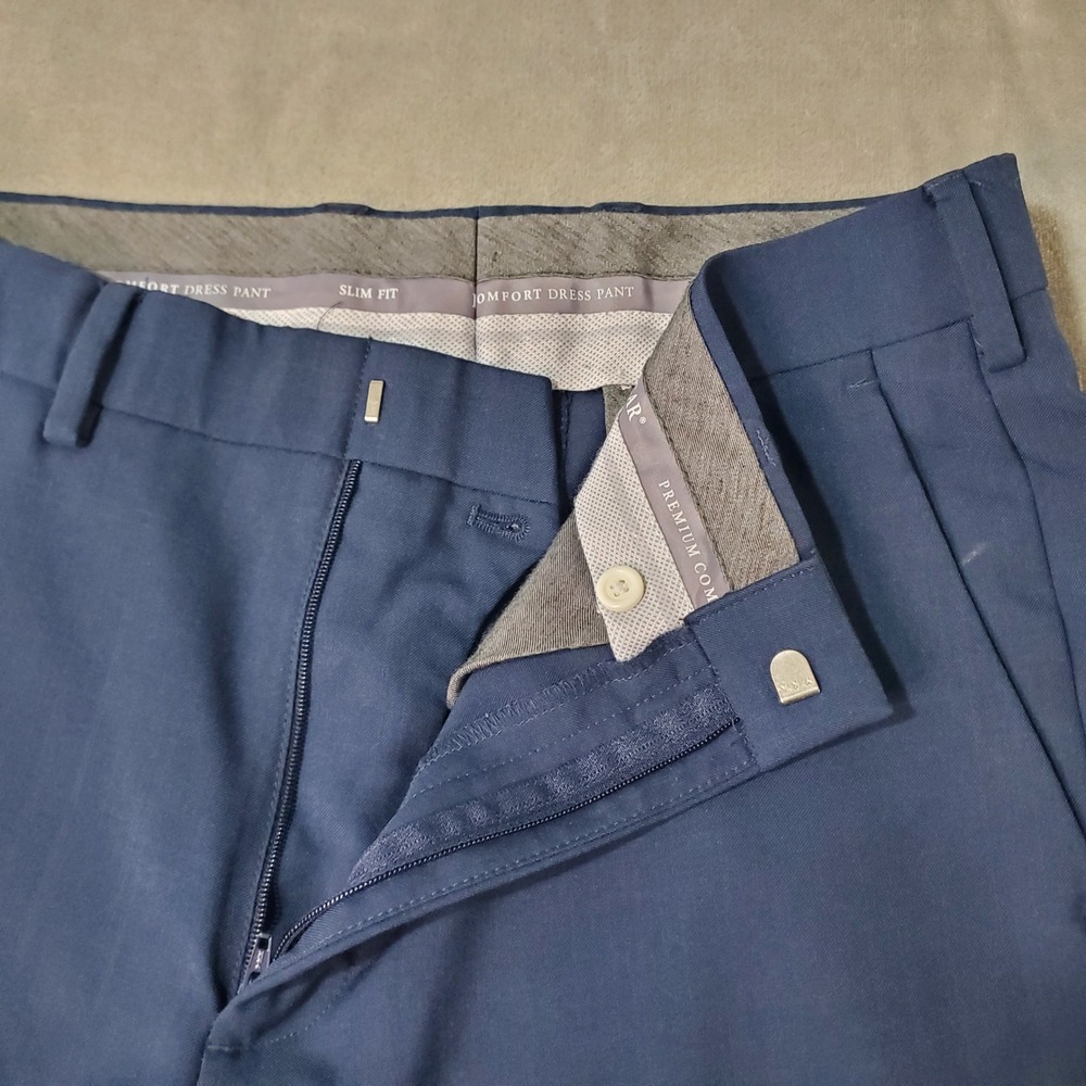 Haggar Mens Premium Comfort Dress Pant Slim Fit Blue 32x32 Flat Front Trousers - Picture 4 of 5